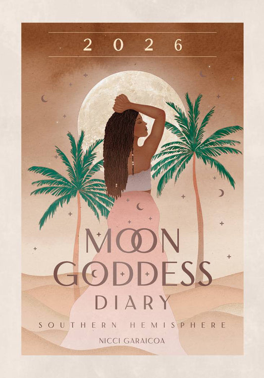 Cover of Moon Goddess Diary 2026 by Nicci Garaicoa, featuring a goddess under the full moon with palm trees and desert landscape.