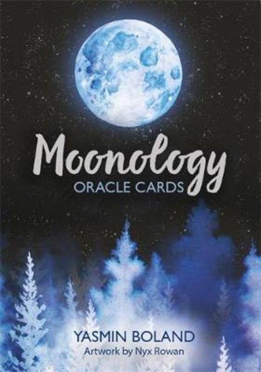 Cover of Moonology Oracle Cards by Yasmin Boland featuring a luminous full moon over a mystical blue forest, symbolising lunar energy, intuition, and spiritual guidance.
