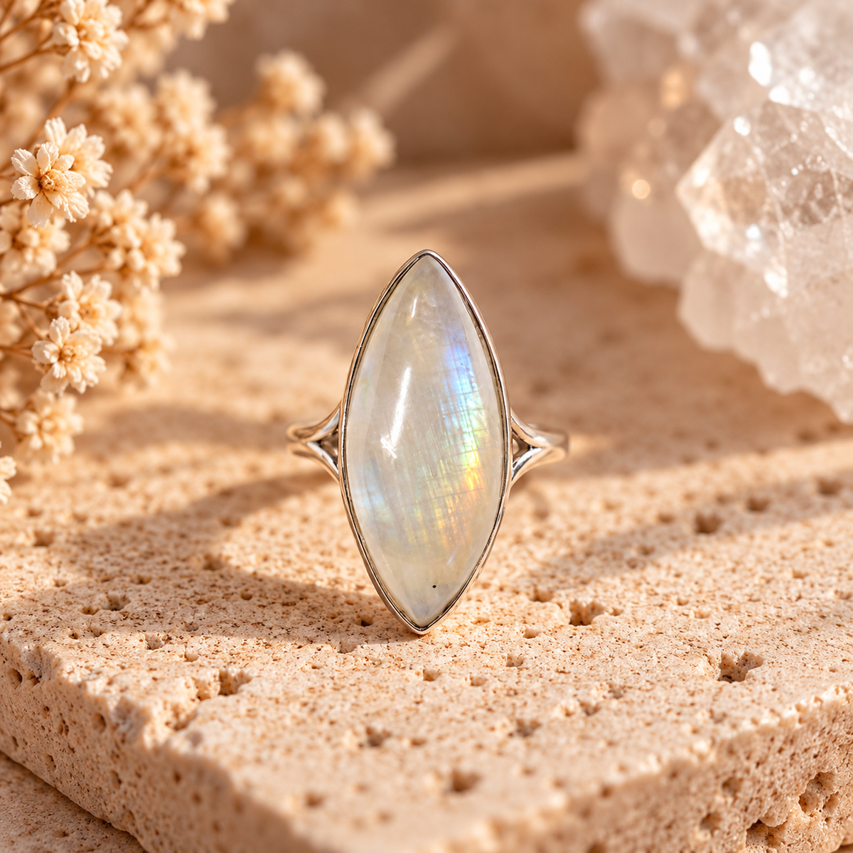 Natural Moonstone sterling silver ring size 9 with blue and rainbow flash