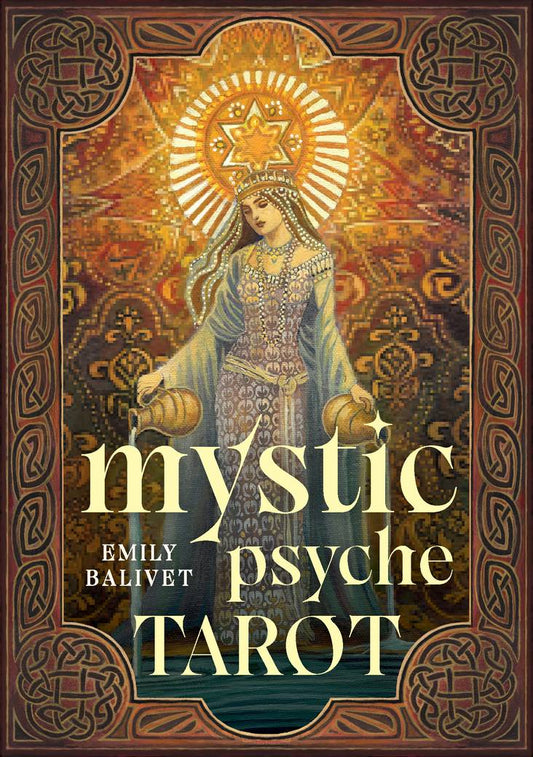 Cover of Mystic Psyche Tarot by Emily Balivet featuring a radiant goddess-like figure surrounded by golden Celtic motifs, symbolising enlightenment and inner wisdom.