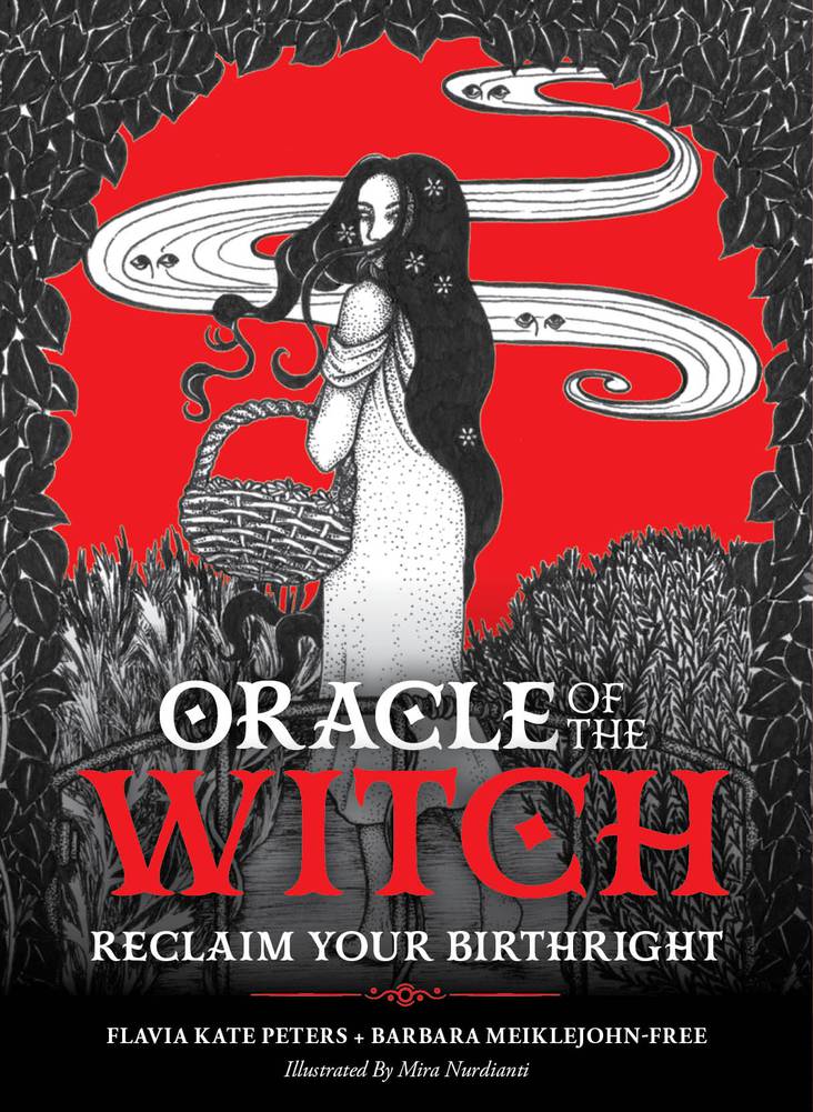 Cover of Oracle of the Witch – Reclaim Your Birthright oracle deck by Flavia Kate Peters & Barbara Meiklejohn-Free, illustrated by Mira Nurdianti.