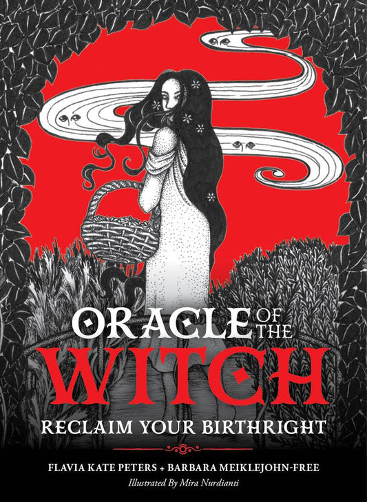 Cover of Oracle of the Witch – Reclaim Your Birthright oracle deck by Flavia Kate Peters & Barbara Meiklejohn-Free, illustrated by Mira Nurdianti.