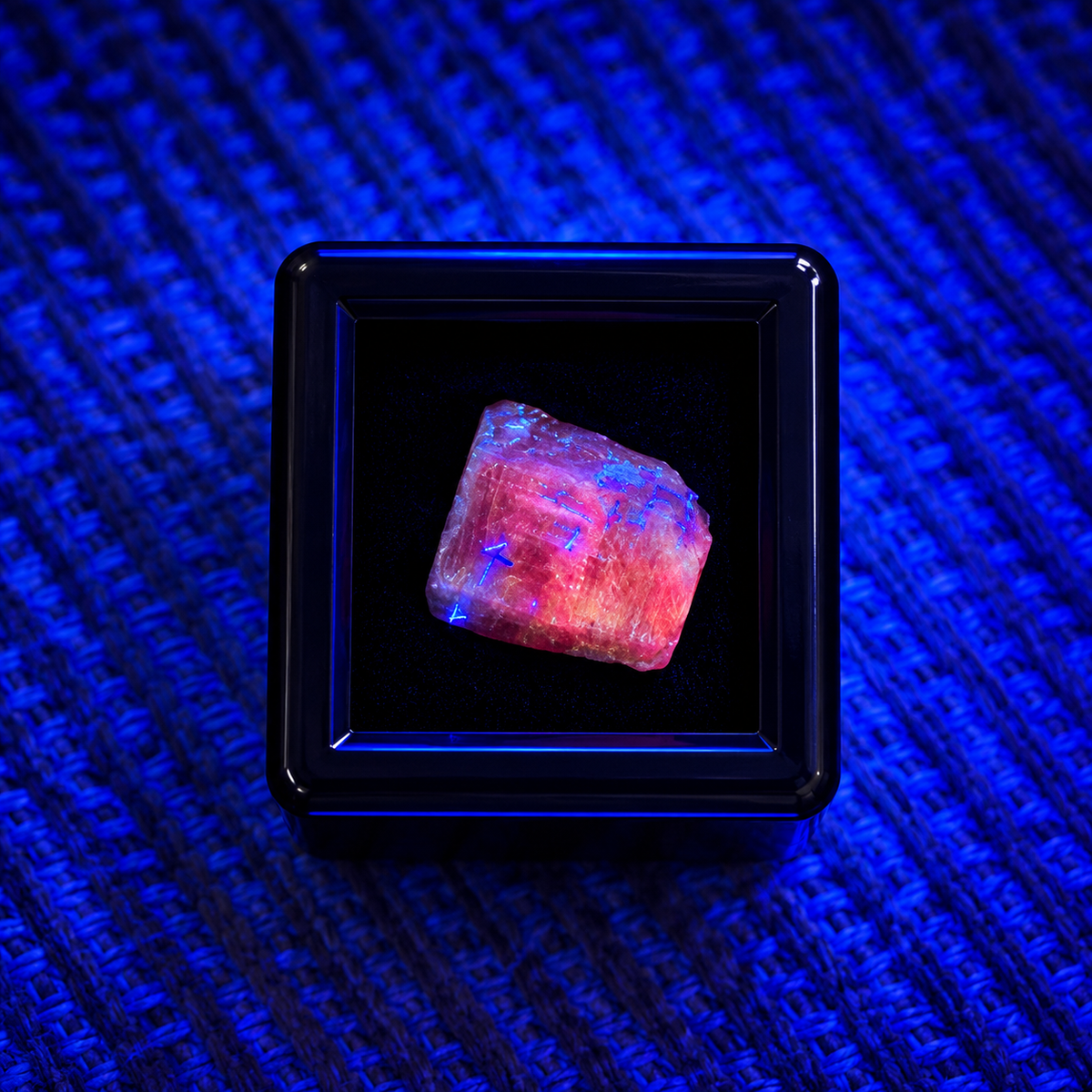 Parti Sapphire micro mineral specimen showing pink red fluorescence under UV light Australia