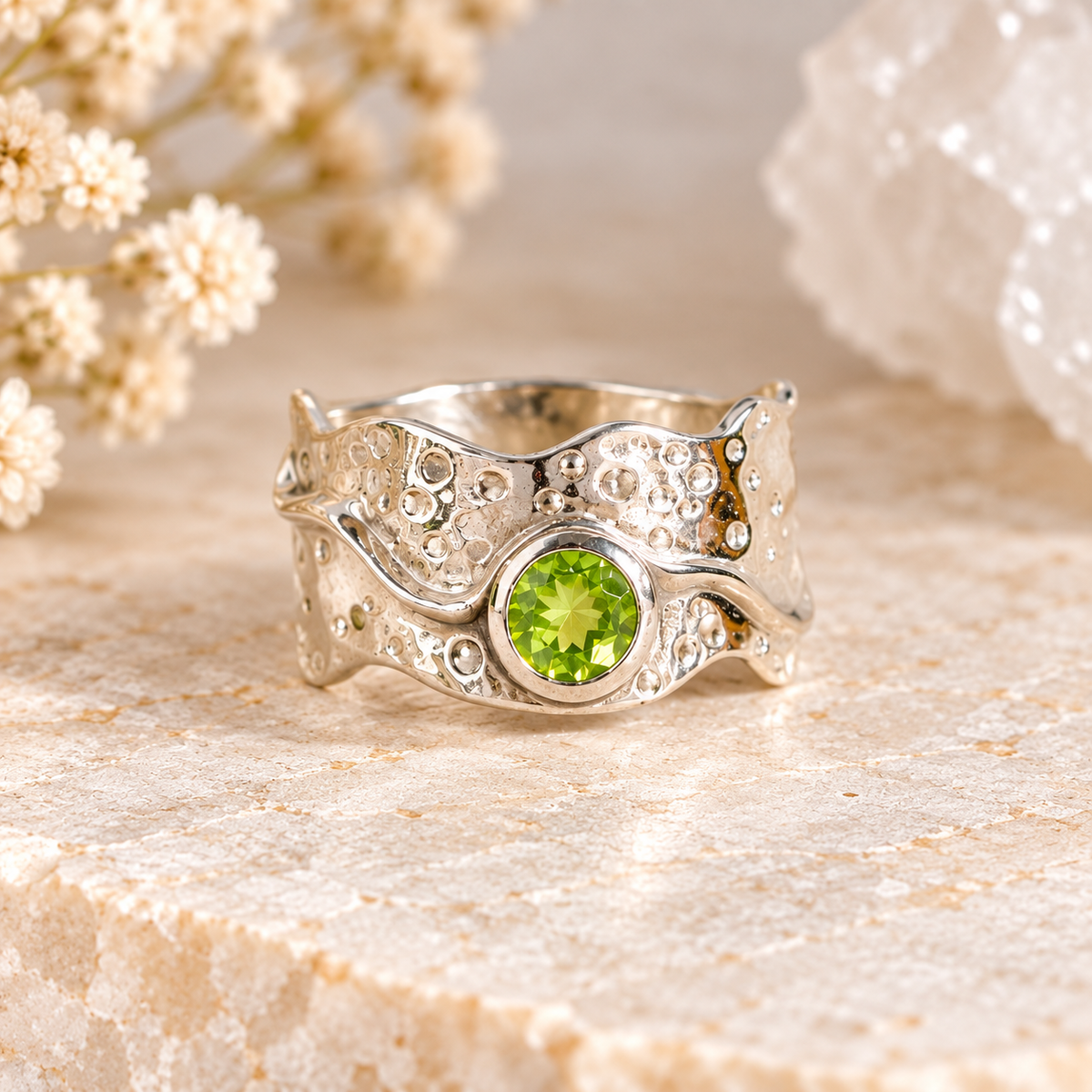 Peridot sterling silver ring size 8 with faceted green stone and textured wide band