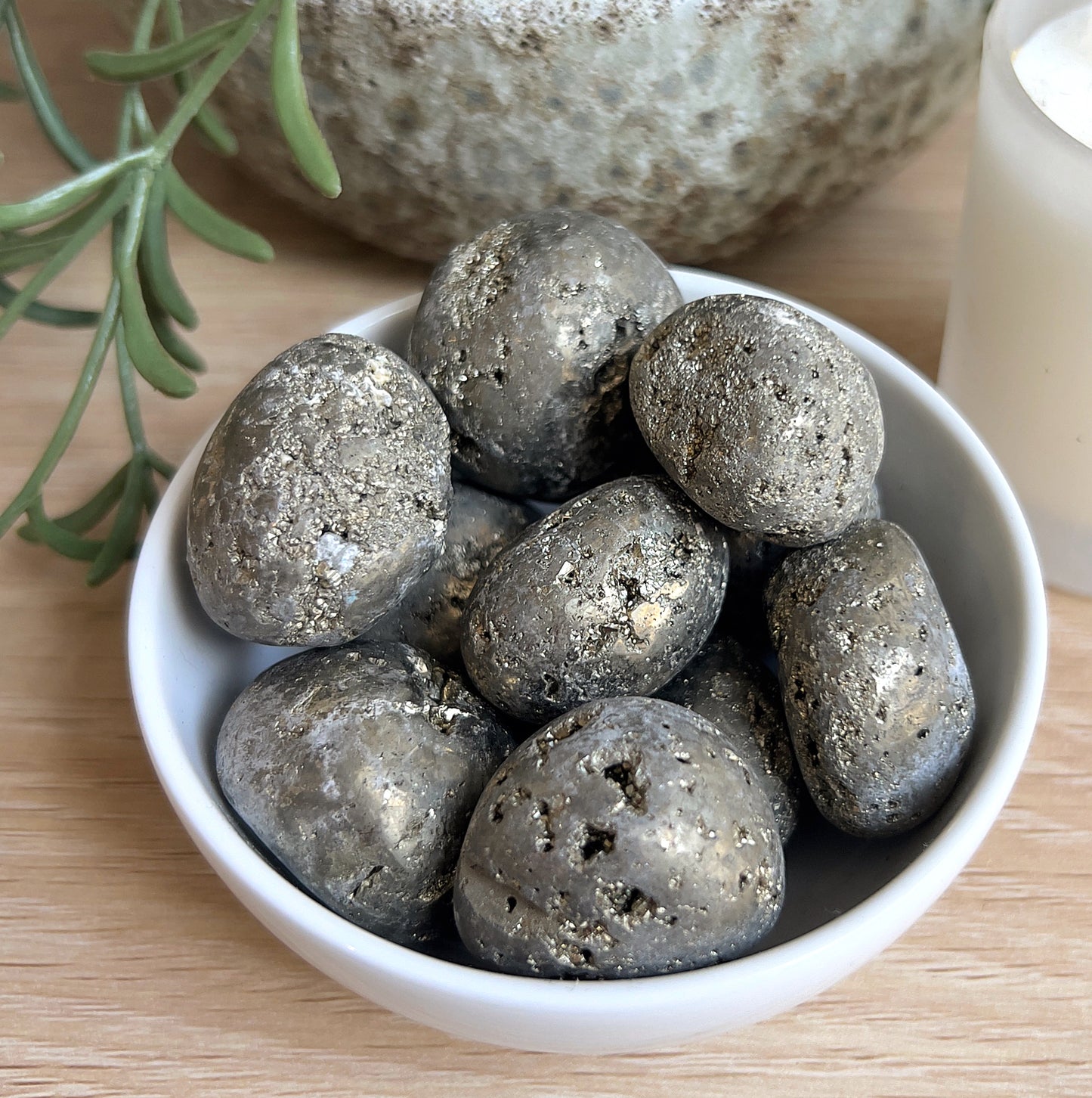 Pyrite Tumbls in white dish, with potted plant and on wodden surface.