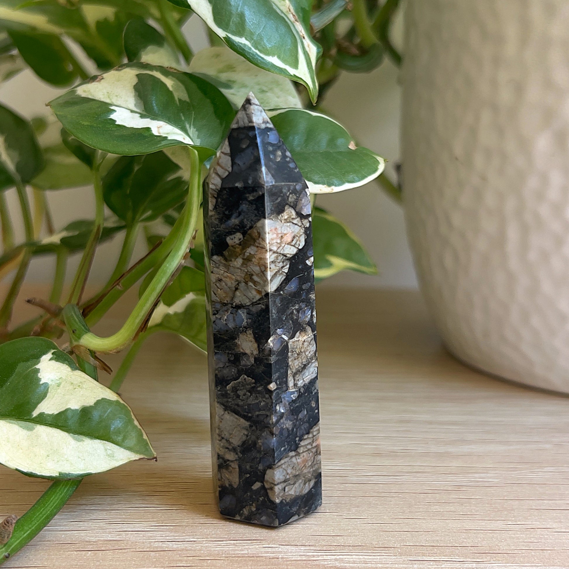 A Que Sera Stone point on wooden surface with green leaves in the background