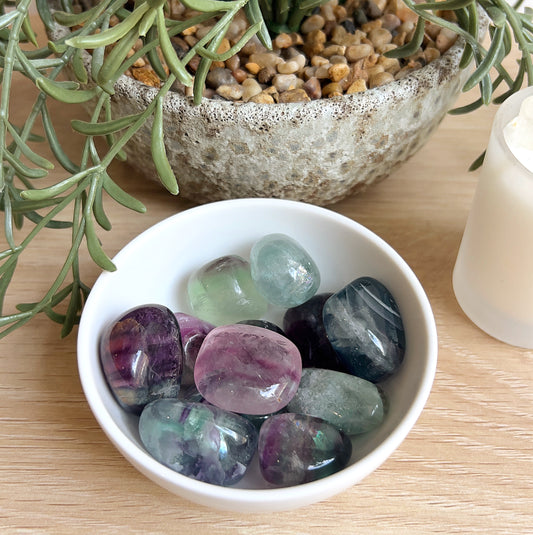 Rainbow Fluorite tumbles in white dish on wooden surface.