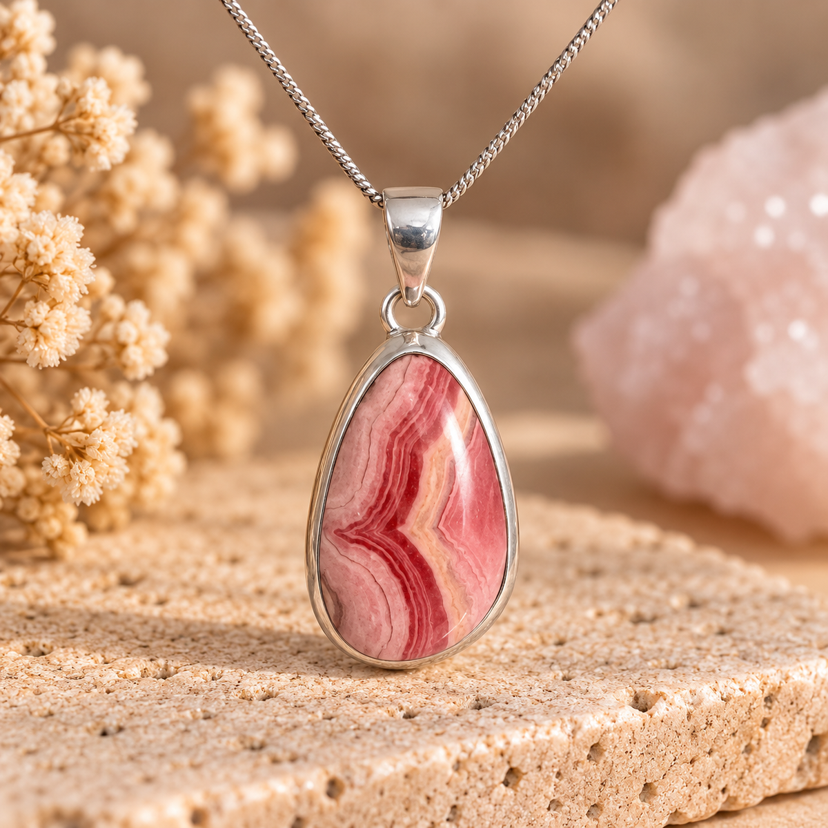 Natural banded pink Rhodochrosite teardrop pendant set in sterling silver