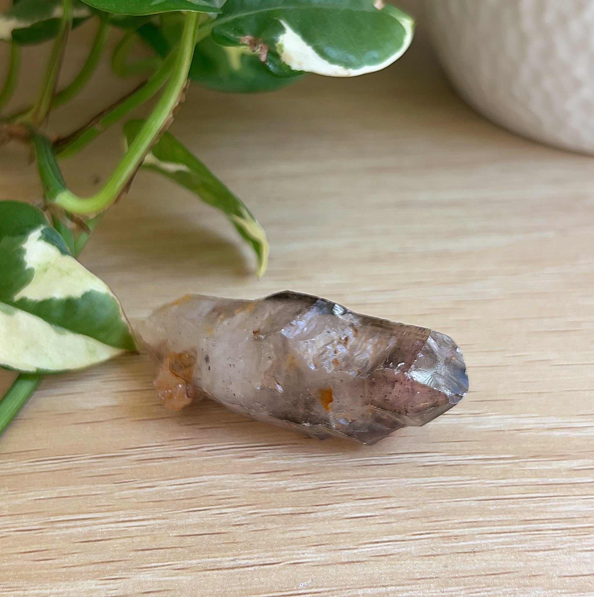 Super 7 crystal on a wooden surface with a plant in the background