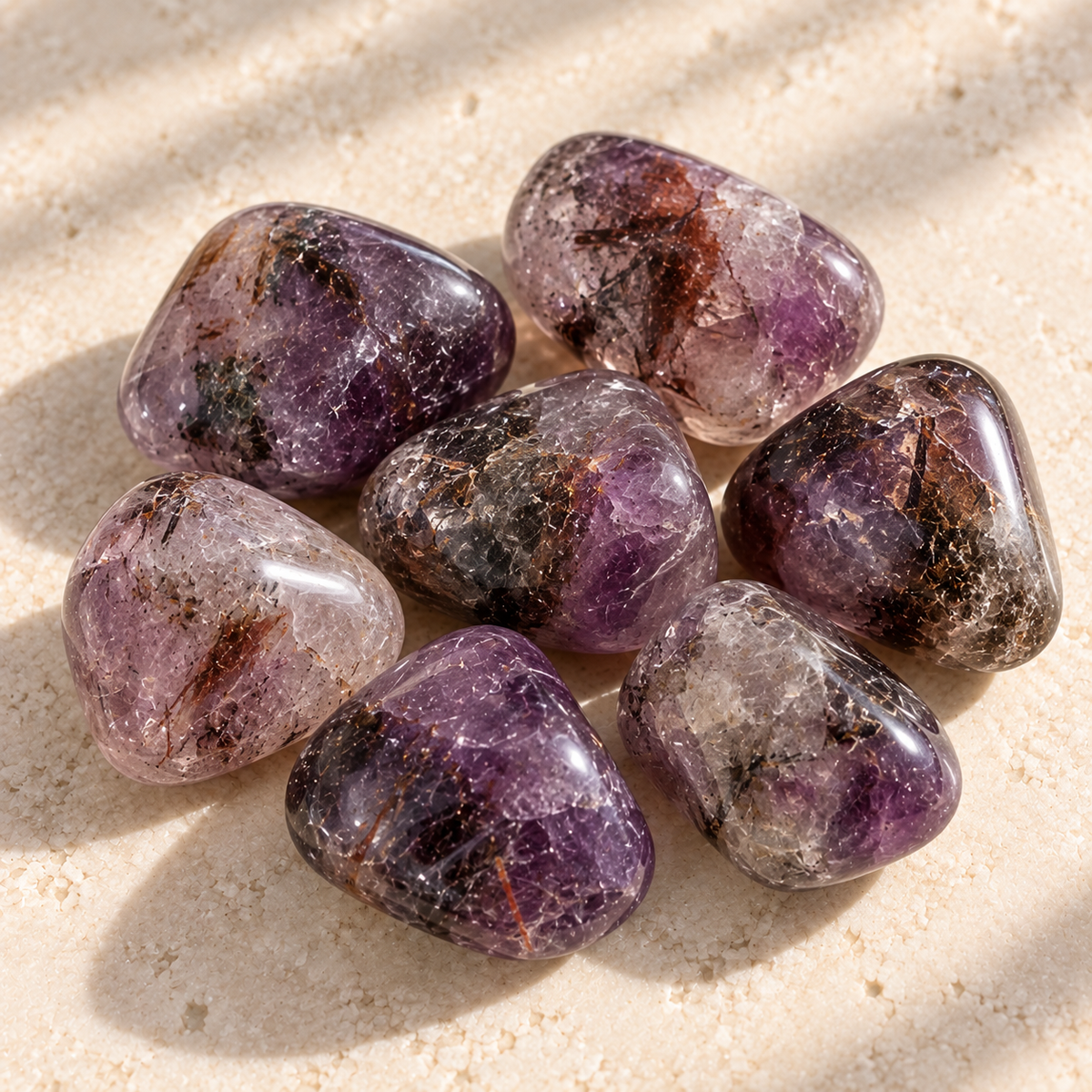 Natural Super Seven crystal tumble with purple and mineral inclusions