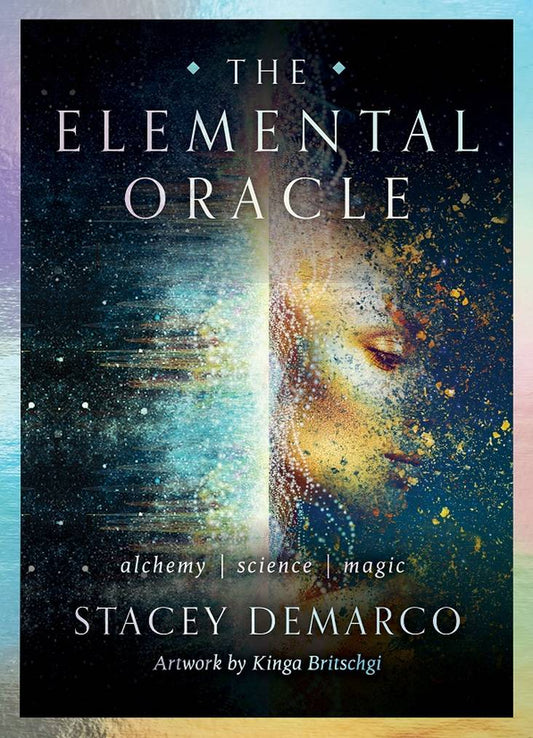 Book cover of 'The Elemental Oracle' with a stylized face and celestial design.