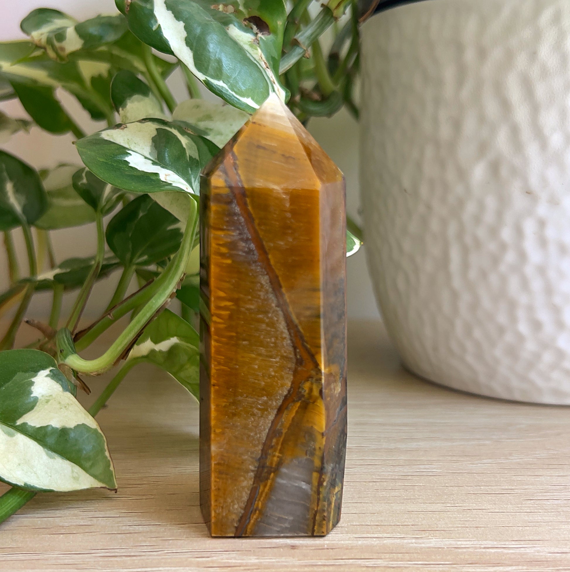 Tiger's eye crystal on a wooden surface with a plant in the background