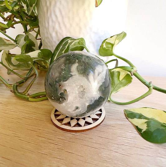 Moss Agate sphere approx. 5.5cm, natural green and white polished crystal ball with earthy inclusions. | Simply Esoteric