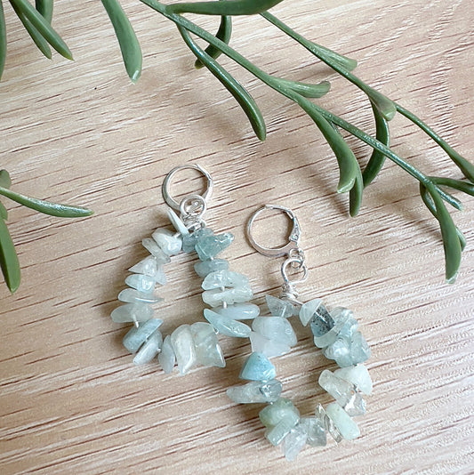 Handmade aquamarine chip earrings with sterling silver hooks, calming blue crystal jewellery for healing, balance, and everyday wear. | Simply Esoteric