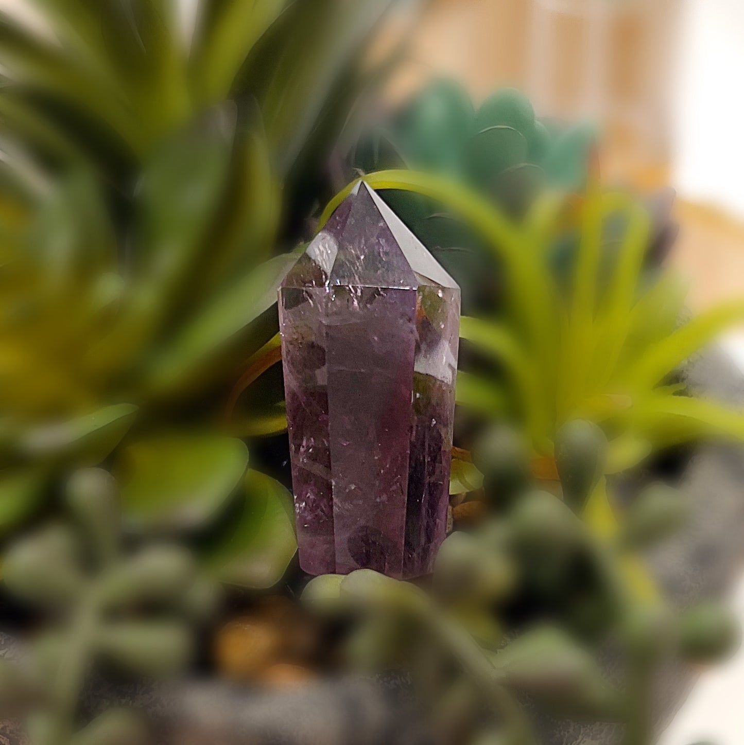 A close-up image of a 5cm Brazilian Amethyst tower with rich purple hues, standing upright among green succulent plants. The crystal tower has a faceted, polished surface with visible natural inclusions, enhancing its depth and beauty. The background is softly blurred, highlighting the amethyst’s vibrant color and clarity. | Simply Esoteric