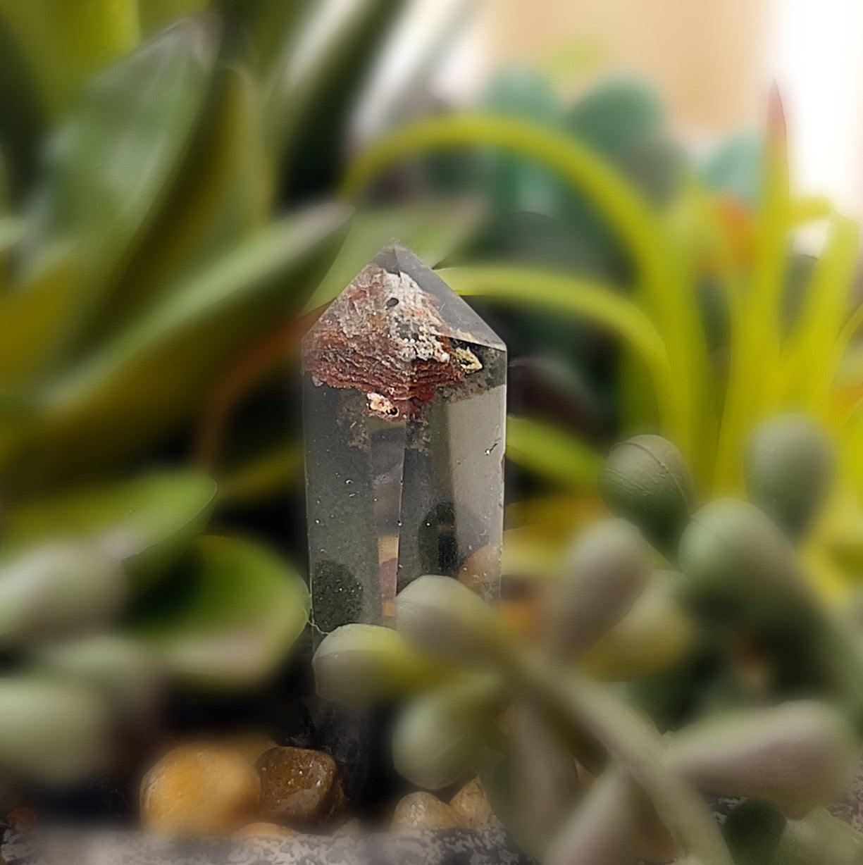 Close-up of a 3.5cm Garden Quartz tower crystal with intricate mineral inclusions, resembling a miniature garden, surrounded by soft green plants. The crystal's transparent body reveals earthy tones and textured patterns within, creating a peaceful and natural aesthetic. | Simply Esoteric