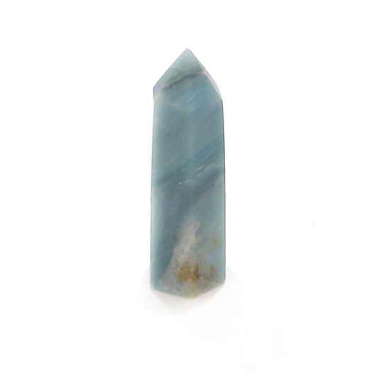 A 7cm tall Amazonite tower, showcasing vibrant shades of turquoise and streaks of white, exuding a serene and soothing presence. This polished crystal tower is ideal for promoting calm and balancing energies in any setting. | Simply Esoteric