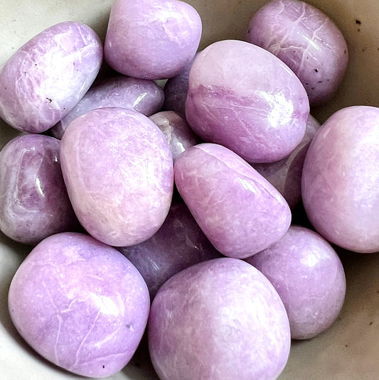 A collection of polished lepidolite tumbled stones displayed in a pile. These stones have a smooth, glossy texture and a rich lavender color with subtle variations in hue and occasional mica inclusions that give them a slight shimmer. Each stone is oval and uniquely patterned, reflecting natural variations typical of lepidolite. | Simply Esoteric