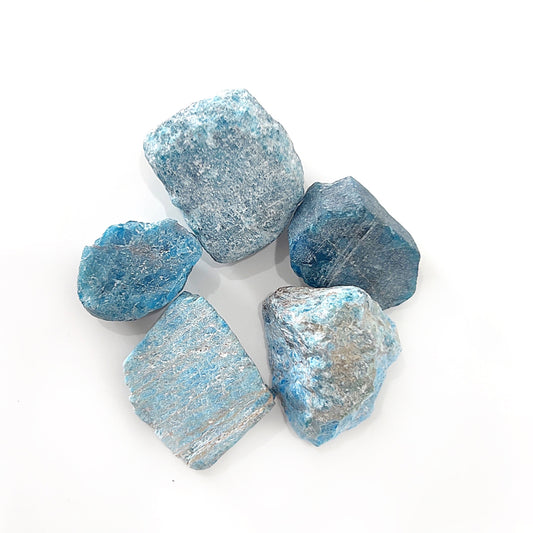 Rough blue apatite stones with natural, jagged textures, exhibiting vibrant shades of oceanic blue that evoke the clarity and depth of tropical waters. | Simply Esoteric