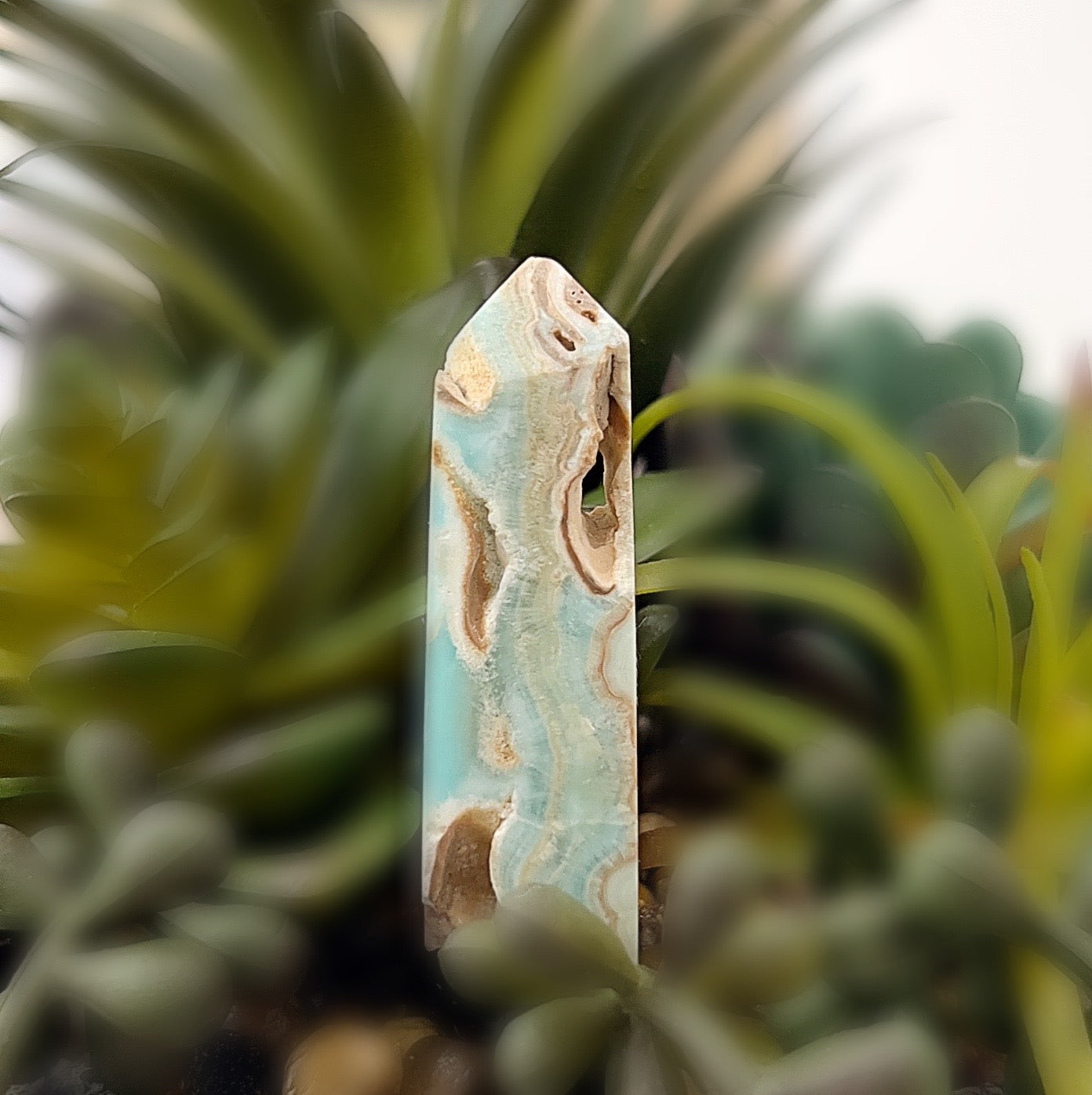 A 5cm Caribbean Calcite tower with tranquil hues of aqua blue and sandy beige, standing upright amidst lush green foliage. The tower showcases intricate natural patterns resembling ocean waves, creating a calming and serene aesthetic. | Simply Esoteric