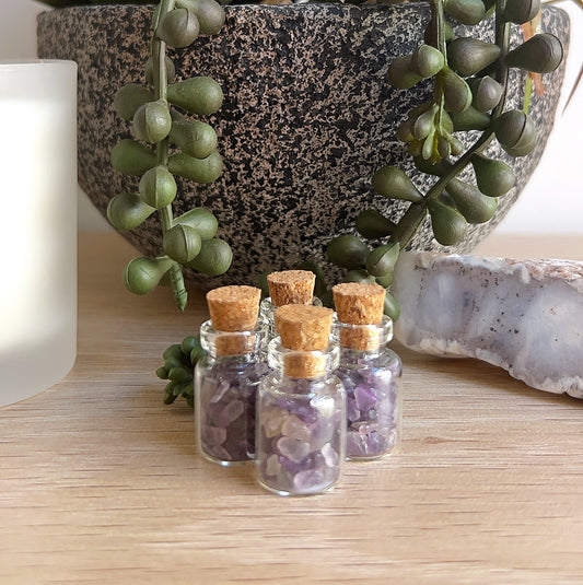 Four small glass bottles filled with delicate amethyst crystal chips, each sealed with a cork stopper, arranged neatly on a wooden surface alongside a succulent plant, white candle, and natural crystal, creating a tranquil and inviting setting. | Simply Esoteric