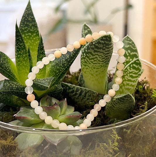 A delicate pink aventurine bead bracelet displayed on a bed of green succulents. The bracelet consists of 4mm beads in soft shades of pink and peach, arranged on a stretchy cord, designed to fit most wrist sizes. The succulents provide a contrasting lush green background, highlighting the bracelet's natural beauty and serene energy. | Simply Esoteric
