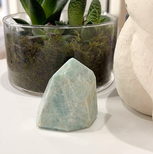 Amazonite Geolith approximately 5-6cm in size, showcasing soothing turquoise-green hues and natural patterns, displayed with a glass pot containing succulents and a white sculpture in the background. | Simply Esoteric