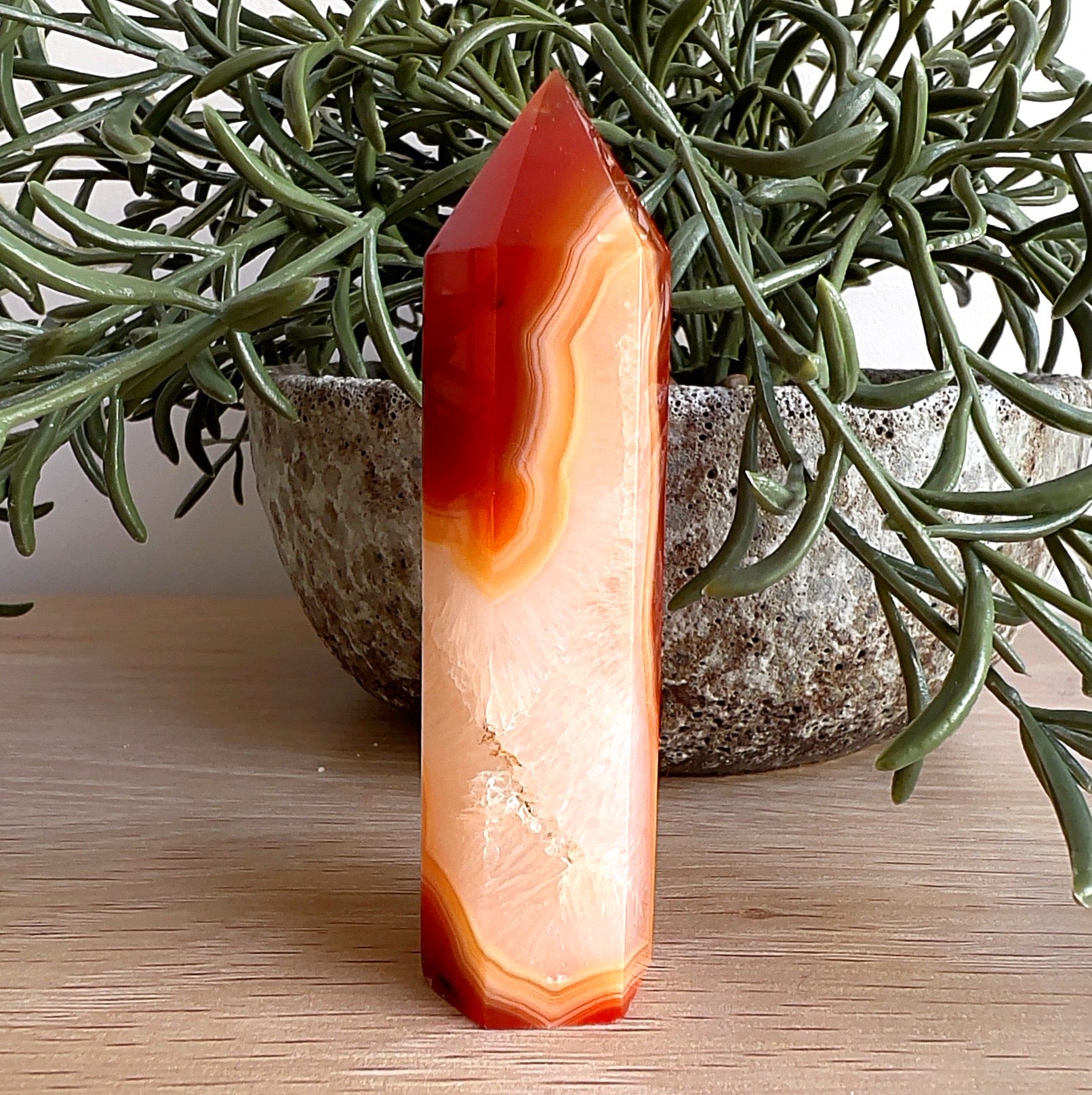 Carnelian crystal point 9.5cm – fiery orange polished crystal for motivation, creativity, vitality, and sacral chakra healing. | Simply Esoteric