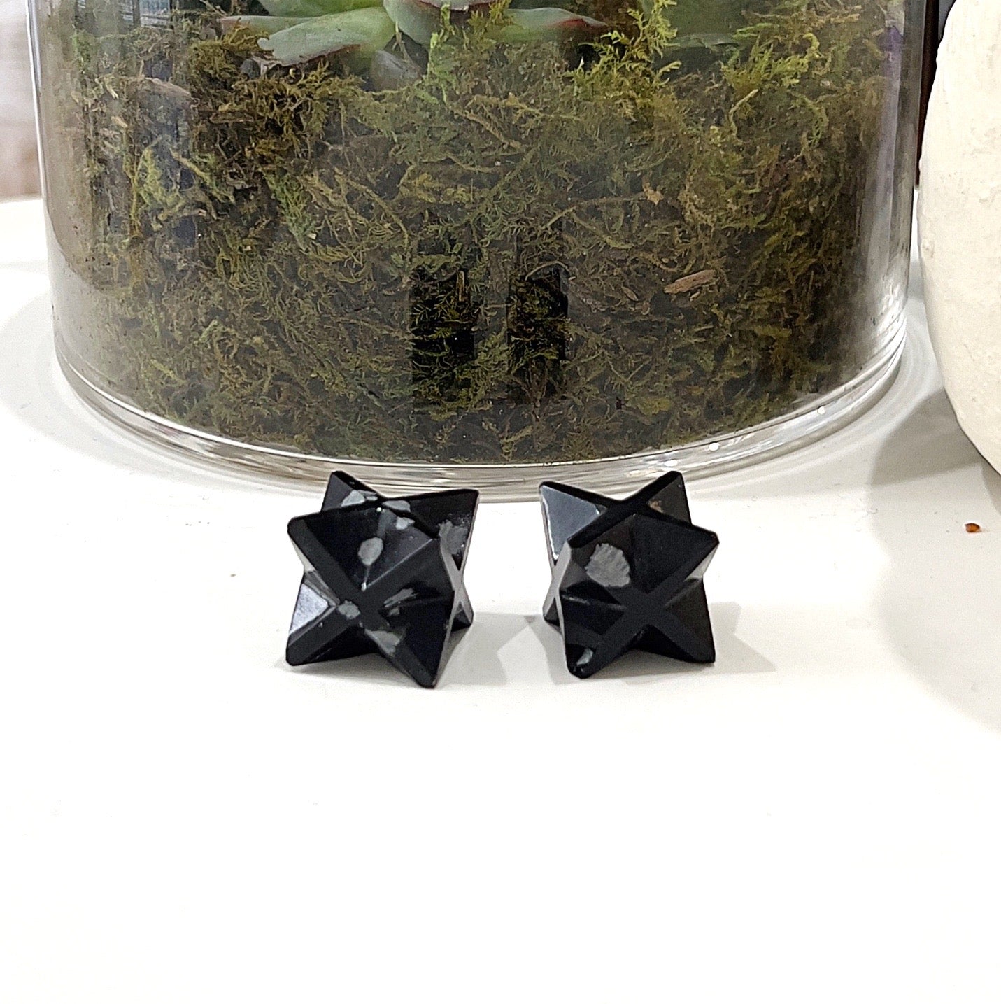 A pair of snowflake obsidian Merkaba stars, approximately 2-2.5 cm in size, displayed in front of a glass bowl containing green succulents and moss. The stars feature deep black obsidian with delicate snowflake-like patterns, symbolizing purity and transformation. | Simply Esoteric