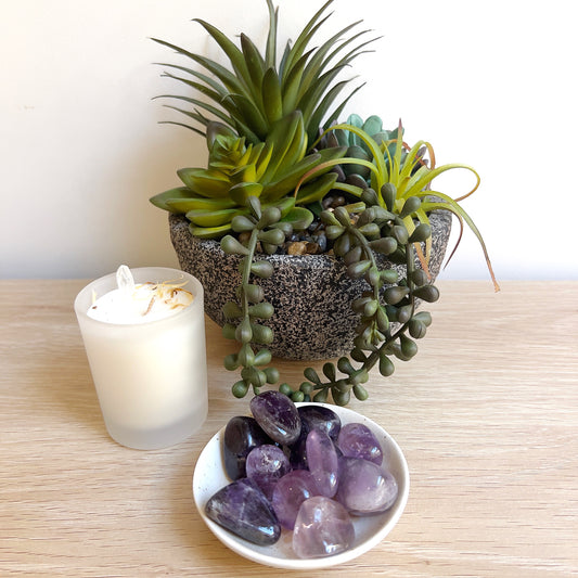 A small white dish filled with smooth, polished amethyst tumbled stones, each approximately 2cm in size, placed on a wooden surface beside a lush succulent plant arrangement and a white candle, creating a soothing and inviting scene. | Simply Esoteric