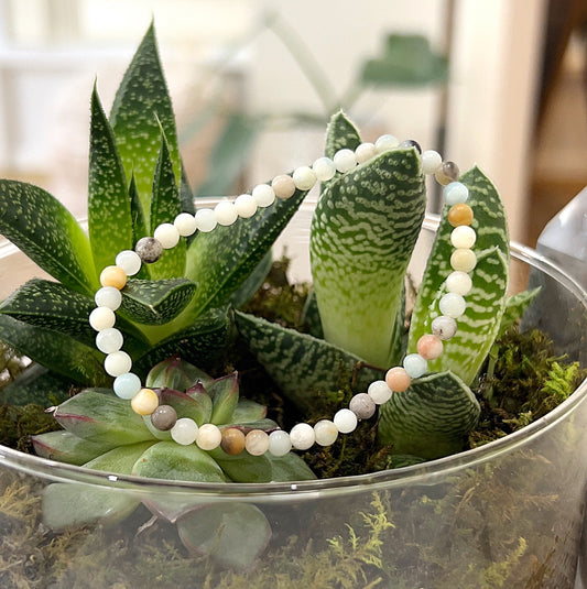 A delicate Flower Amazonite bead bracelet with 4mm beads strung on a stretchy cord, displayed on a bed of green succulents. The bracelet features calming blue and green hues, symbolizing serenity and emotional balance. | Simply Esoteric