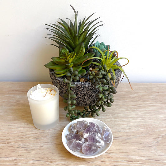 A small white dish containing several translucent amethyst crystal points, each approximately 2-3cm in size, placed on a wooden surface beside a succulent plant arrangement and a white candle, creating a serene and inviting atmosphere. | Simply Esoteric