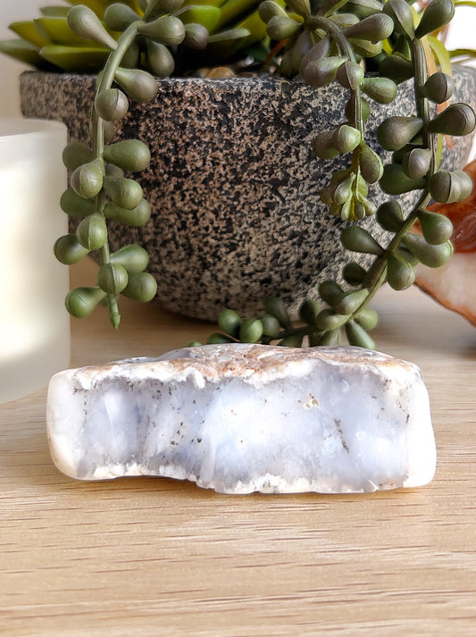 A polished 7cm slice of Western Australian dendritic opal, featuring soft white and grey tones with natural dark branching inclusions. Displayed on a wooden surface alongside a white candle, succulent plant, and agate slice, creating a calm and earthy setting. | Simply Esoteric