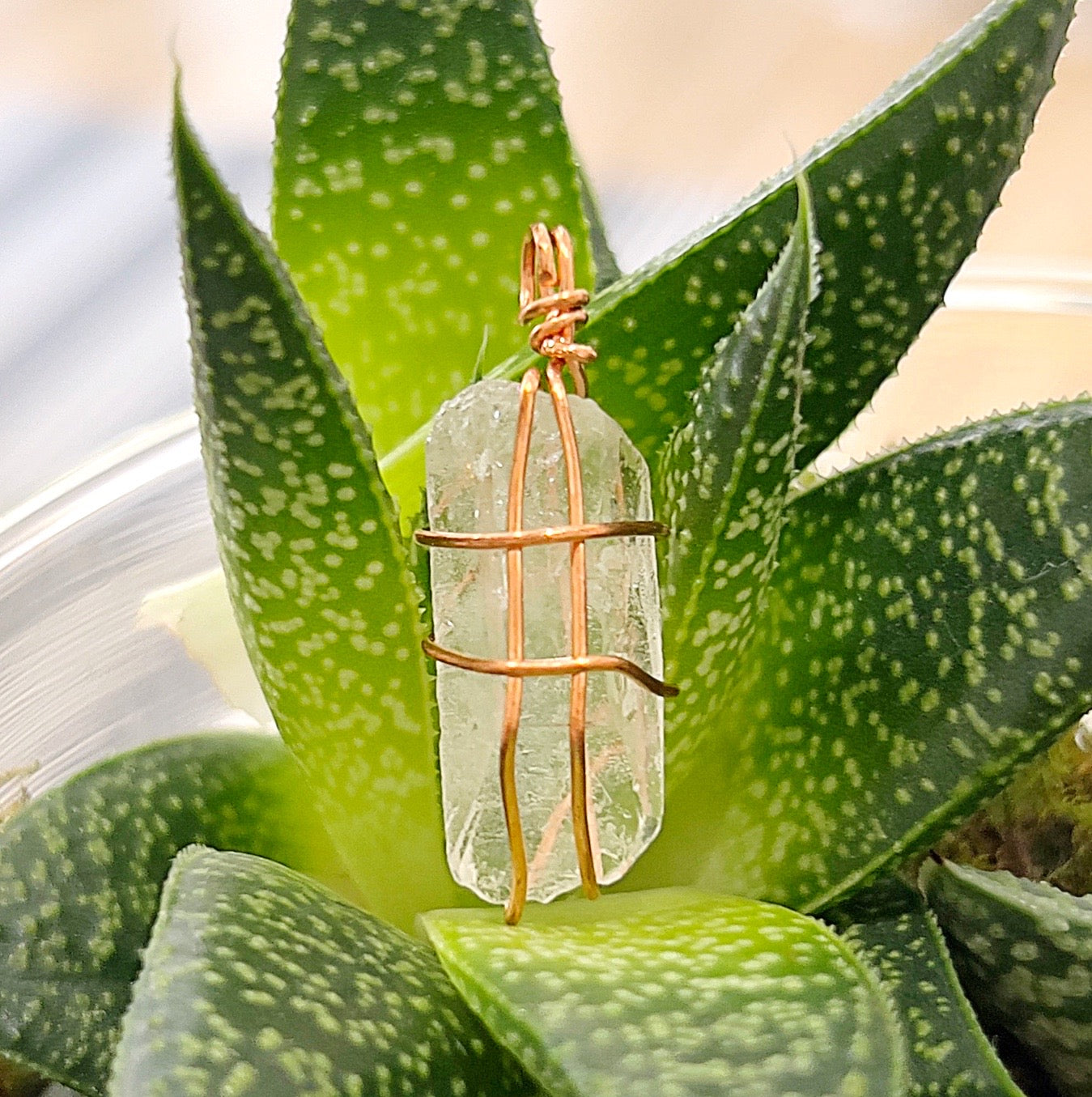 A close-up image of a clear quartz wire wrap pendant in rose gold / copper, set against a background of green succulents. The clear quartz crystal is encased in delicate rose gold / copper wire, showcasing its natural beauty and elegance. | Simply Esoteric