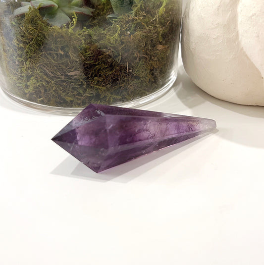 A beautiful amethyst crystal wand approximately 9cm in length, showcasing a deep purple hue. The wand is placed on a white surface next to a green succulent plant in a glass pot. The pointed end of the wand is slightly angled, highlighting its smooth and polished finish. | Simply Esoteric