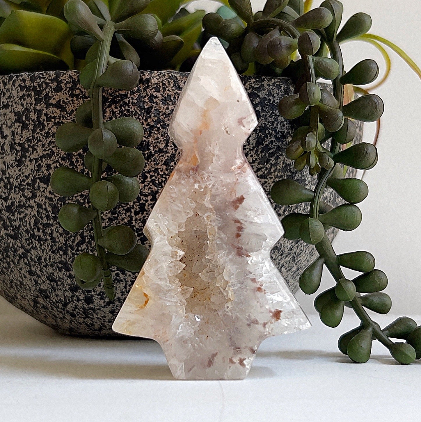 **Alt Text:** A beautifully hand-carved 8cm agate druzy tree with intricate crystal formations, featuring a natural druzy pocket. The tree has soft translucent tones with earthy accents and is displayed against a backdrop of lush green succulents in a stone-textured pot. | Simply Esoteric
